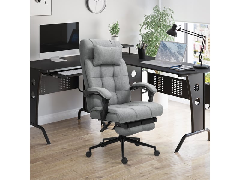  Chaise de bureau ergonomique inclinable avec appui-tête, accoudoirs et repose-pieds pivotant réglable en hauteur, aspect lin, gris clair  - Conforama D