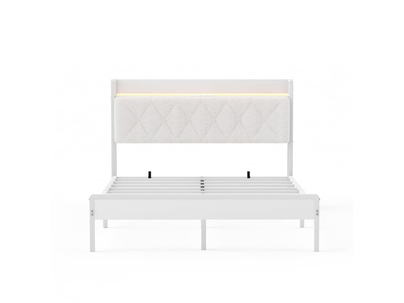  Lit rembourré avec rangement blanc 140x190 cm avec prises usb et tête de lit intégrée  - Conforama A