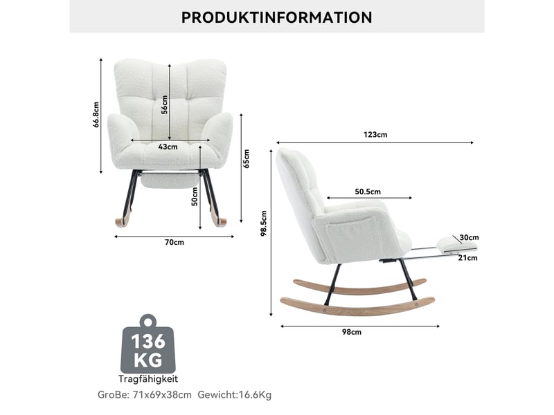  Chaise berçante tissu teddy fauteuil à bascule blanc avec repose-pieds escamotable 80x98x98.5cm  - Conforama C