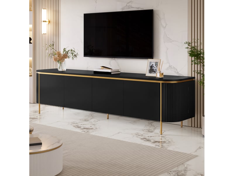 Meuble tv 6 portes avec passe-câbles, extrémités arrondies, pieds en fer, rangement fermé pour salon noir 180 × 38 × 46 cm - Conforama E
