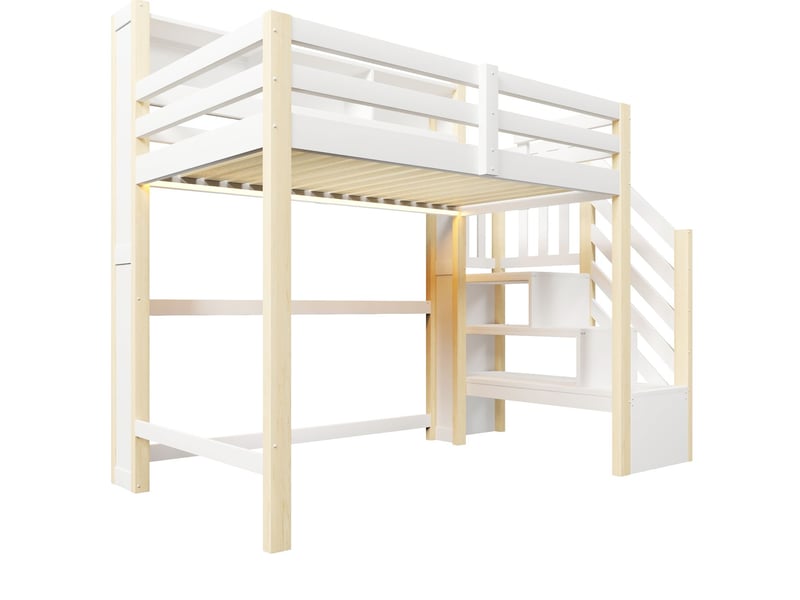  Lit mezzanine 90 x 200 cm éclairage led grand rangement sous le lit échelle de rangement compartiment de rangement ouvert coloris blanc et naturel  - Conforama A