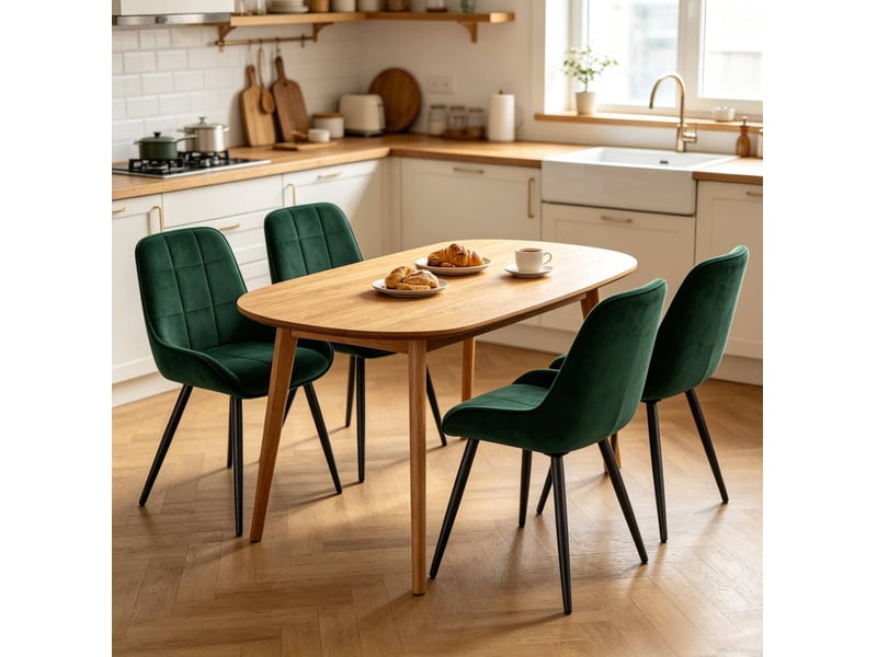  Chaises de salle à manger lot de 4 avec assise rembourrée et patins réglables en velours et métal vert foncé  - Conforama E
