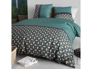 Parure housse de couette 260x240cm + 2 taies motif art-déco vert 100% coton - salman
