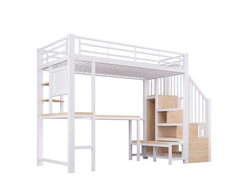 Lit mezzanine 90x200 cm avec bureau, rangements, led et prises usb, blanc, moderne - Conforama E