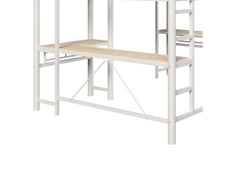  Lit mezzanine 90x200 cm, 2 couchages en l avec bureaux et échelles, en métal, blanc, sans matelas  - Conforama E