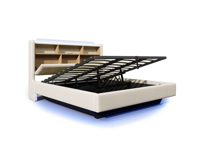  Lit coffre 180x200 cm, lit double, rangement hydraulique, led, lin beige, usb et usb-c  - Conforama B