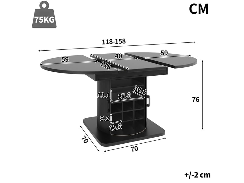 Table de salle à manger extensible 118x118 cm – noir – rangement caché, plateau mdf et structure métal - Conforama C