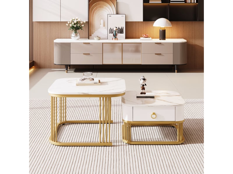  Tables basses gigognes avec tiroir, design emboîtable, effet marbre brillant et cadre métal doré pour salon, mdf blanc  - Conforama E