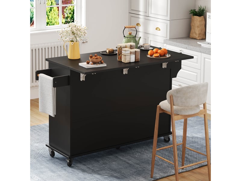 Îlot de cuisine noir 120 x 70 x 95 cm – chariot de cuisine avec plan rabattable extensible 120 x 70 cm, 4 portes dont 2 avec porte-épices TG Store - Conforama E