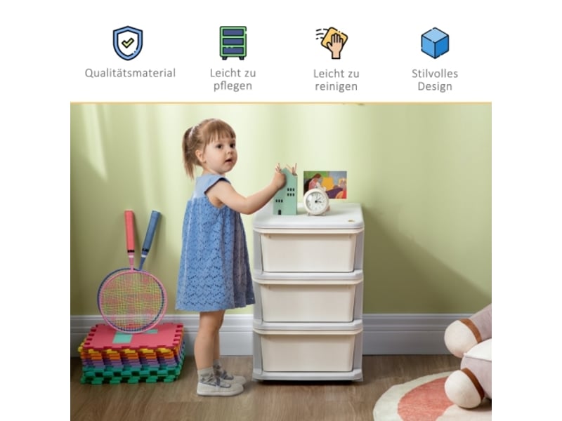  Boîte rangement enfant crème, 3 grands tiroirs en plastique, bords arrondis, 37x37x56,5 cm  - Conforama B