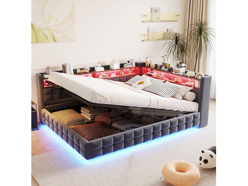  Lit coffre 140x200 cm avec led, prises et rangement mdf gris foncé sans matelas  - Conforama B