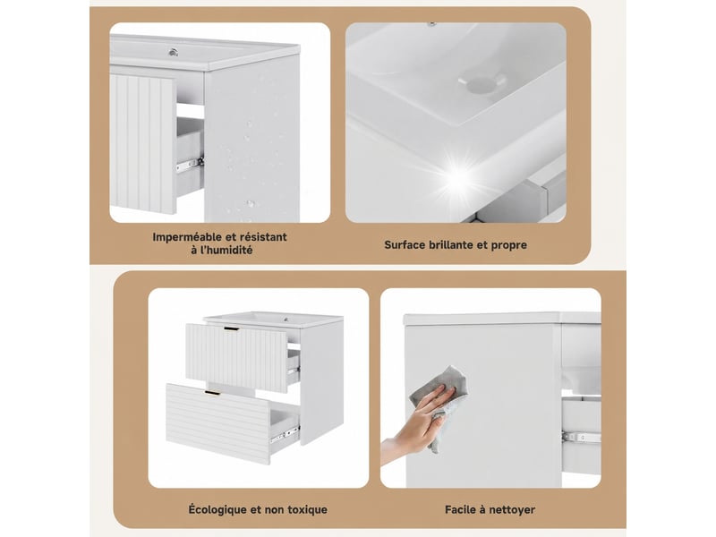  Meuble vasque suspendu blanc 61 cm avec façade texturée et lavabo intégré  - Conforama E