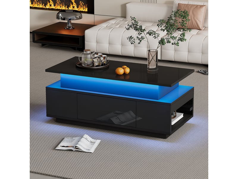 Table basse réglable en hauteur avec rangement dissimulé et tiroir, 96 x 45 x 40 cm, finition laquée brillante, table d'appoint avec éclairage led, idéale pour le bureau, la salle d'étude ou les réceptions, noire. - Conforama B