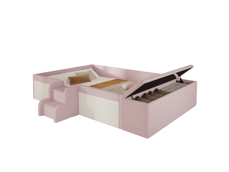 Lit rembourré enfants 140 x 190 cm, petit escalier, banc de lit avec rangement, velours, rose Bliss Lite - Conforama A