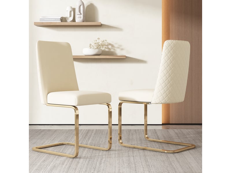  Chaise de salle à manger lot de 6 avec dossier à losanges et piètement métallique doré en velours beige  - Conforama E