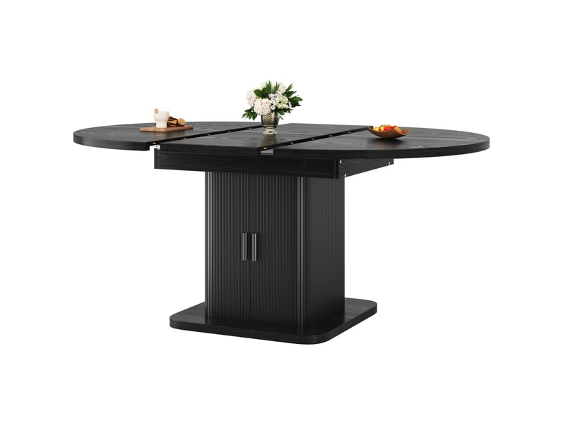  Table à manger extensible 110x110x75 cm, panneau de fibres et cadre métal noir, avec rangement, portes coulissantes et étagère amovible  - Conforama A