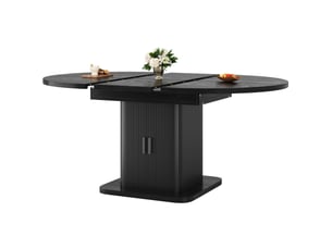 Table à manger extensible 110x110x75 cm, panneau de fibres et cadre métal noir, avec rangement, portes coulissantes et étagère amovible