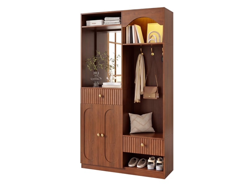  Vestiaire d'entrée avec miroir et banc, meuble d'entrée avec éclairage led, vestiaire compact en noyer, 100x35x180 cm  - Conforama A