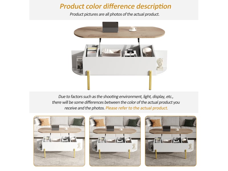  Table basse ovale 120x50x43 cm relevable, plateau effet bois, rangement, étagère, pieds métal, pour salon, mdf, blanc  - Conforama D