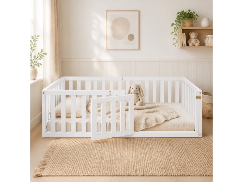  Lit enfant 90x200 cm avec barrière et porte en bois blanc sans matelas  - Conforama B