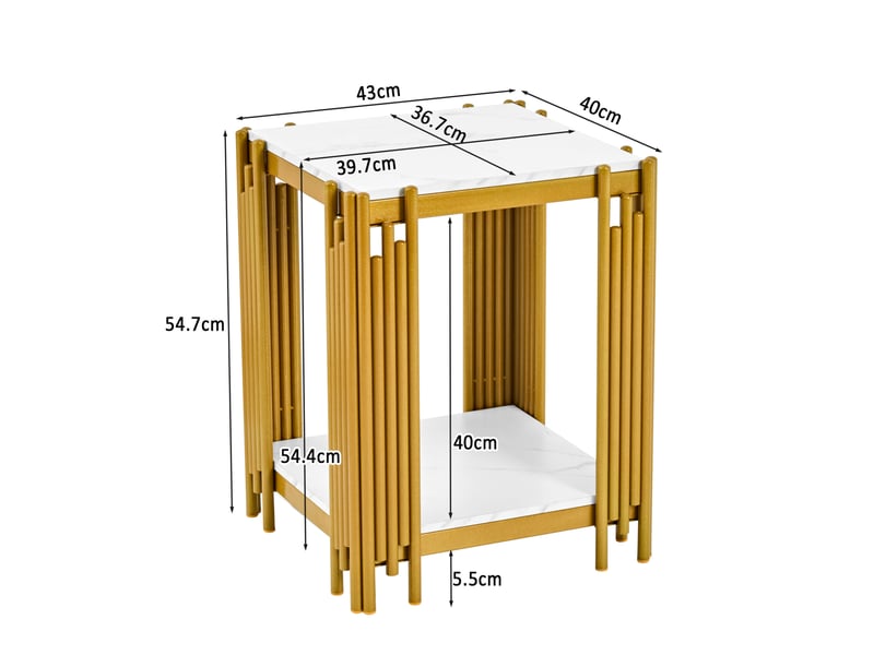  Table d’appoint moderne 43x40x55 cm, en mdf, structure métal, effet marbre, doré et coloris blanc  - Conforama C