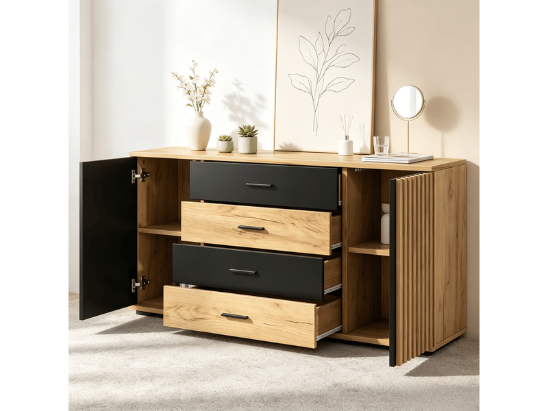  Buffet 140x35x70 cm chêne et noir, meuble de rangement 4 tiroirs 2 portes  - Conforama D