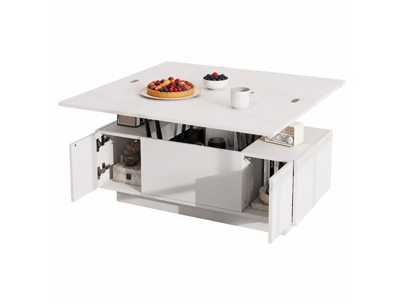  Table basse blanche à double plateau relevable avec rangement caché  - Conforama A