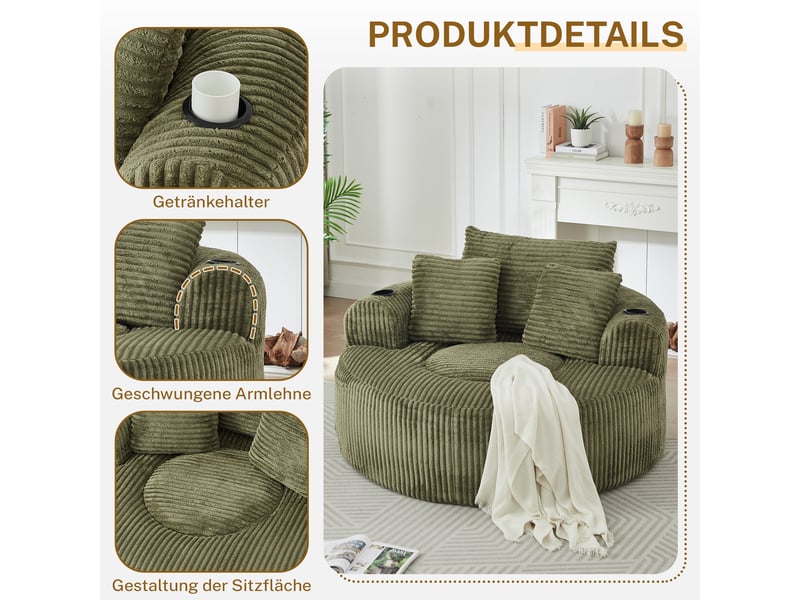Fauteuil individuel avec 3 coussins, 2 porte-gobelets, rangement latéral, antidérapant, relax salon chambre - Conforama E