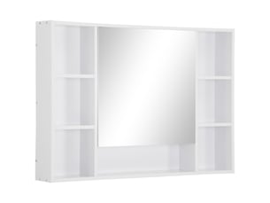 Armoire murale salle de bain avec miroir, meuble salle de bain, blanc, 7 étagères ouvertes et placard,100 x 15 x 70 cm