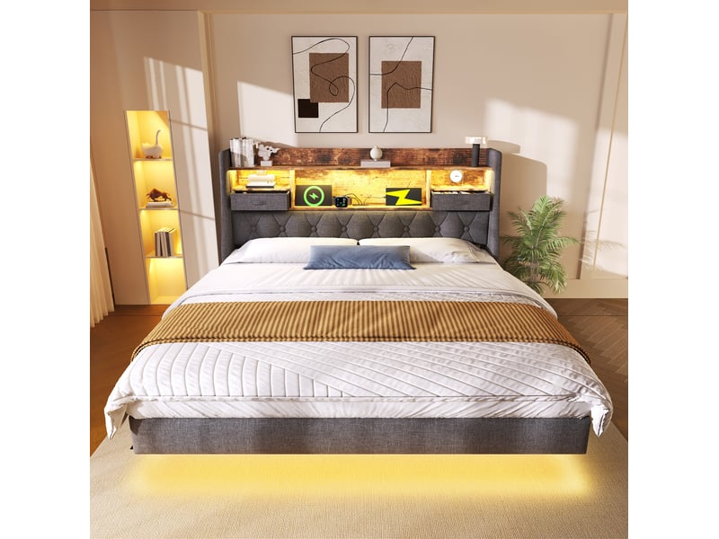  Lit double 140x190 cm avec led, rangements, ports usbtype-c, en lin gris  - Conforama D