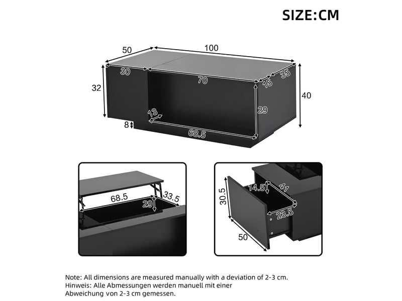  Table basse relevable avec 1 tiroir, niche ouverte, rangement dissimulé et led pour salon, 100 × 50 × 40 cm  - Conforama D