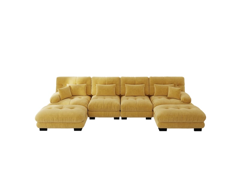 Canapé modulable 4 places en chenille jaune avec poufs mobiles - Conforama A
