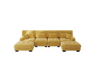 Canapé modulable 4 places en chenille jaune avec poufs mobiles
