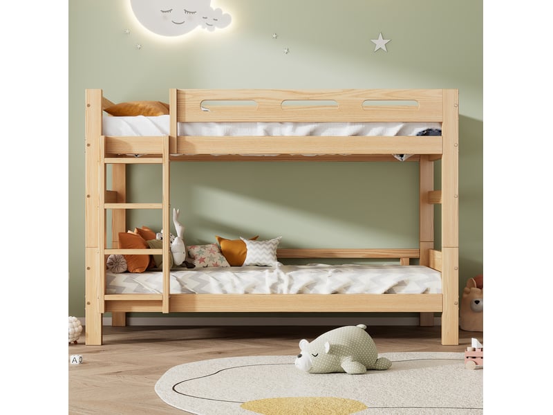  Lit superposé 90x200 cm, lit enfant, lit 2 personnes, divisé en 2 lits simples, naturel, cadre stable en pin  - Conforama C