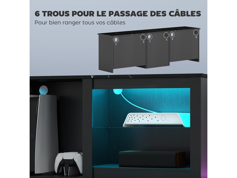  Meuble tv avec éclairage led pour télévision jusqu'à 70 pouces, noir, 160cm avec étagères en verre réglables  - Conforama W