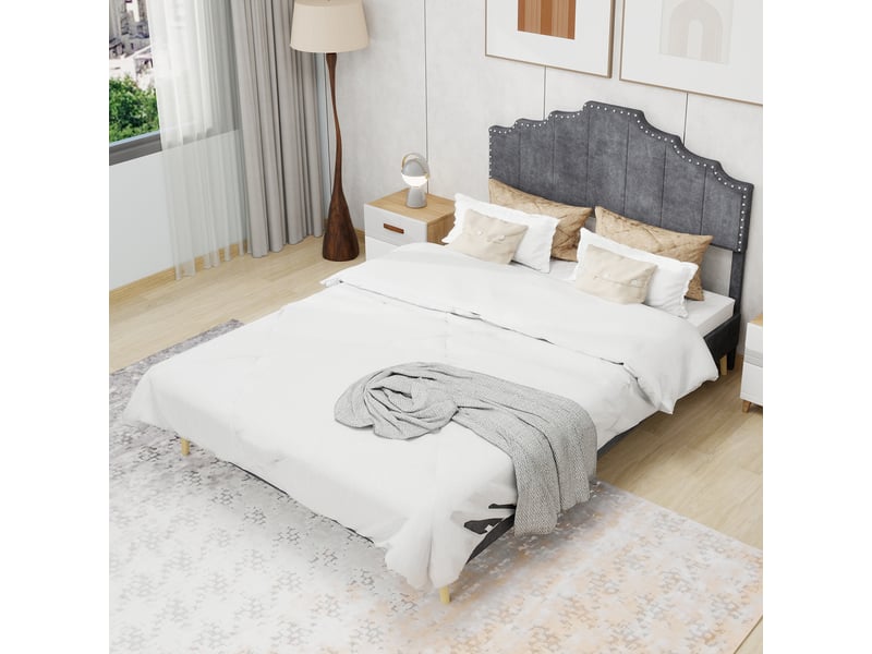  Lit 160x200 cm gris minimaliste tête molletonnée coffre tiroirs bas sans matelas  - Conforama B