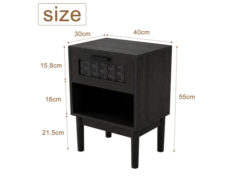  Lot de 2 tables de chevet noires à tissage décoratif, 1 tiroir + espace ouvert, pieds en bois, table d’appoint pour chambre et salon  - Conforama E