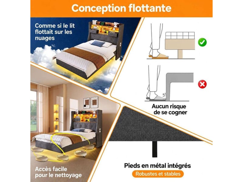  Lit simple 90x200 cm effet flottant en tissu lin avec led rgb et station de charge usbtype-c – lit rembourré avec tête de lit de rangement et sommier – gris  - Conforama C