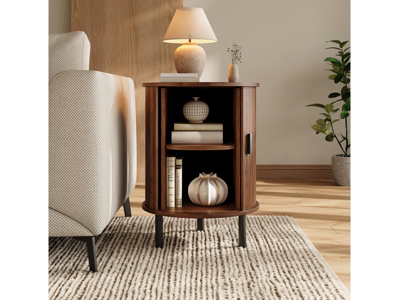  Table d'appoint ronde avec porte coulissante et étagère, pieds métal noirs, noyer pour salon 48 × 48 × 65 cm  - Conforama E
