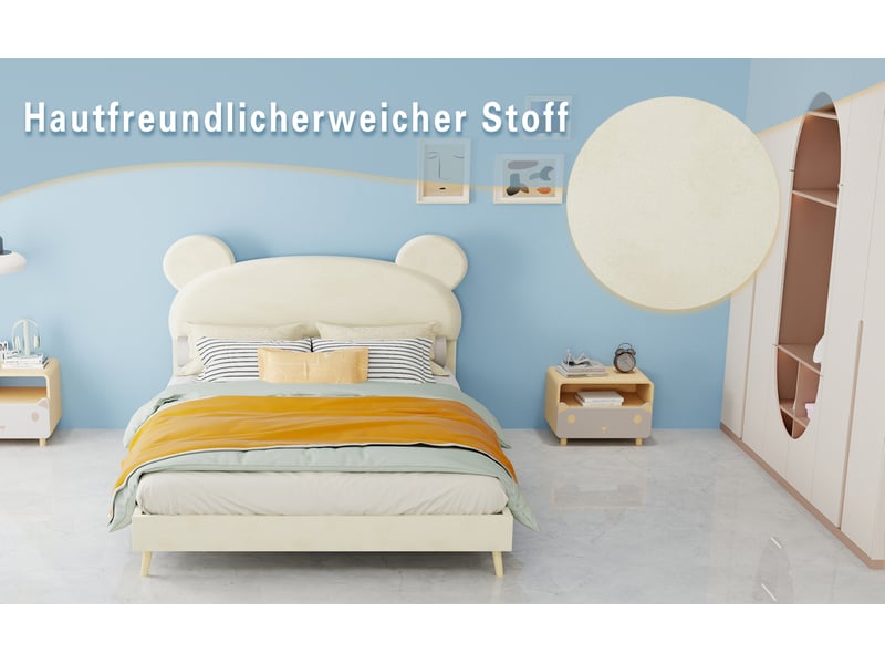  Lit 140x200 cm avec tête de lit ours, base basse, métal, beige  - Conforama C