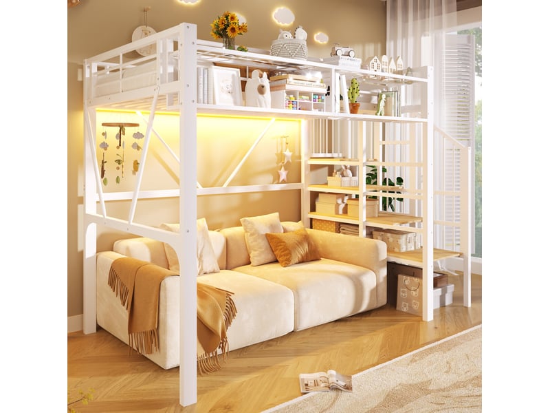  Lit mezzanine 90x200 cm avec rangements et led coloris blanc  - Conforama D