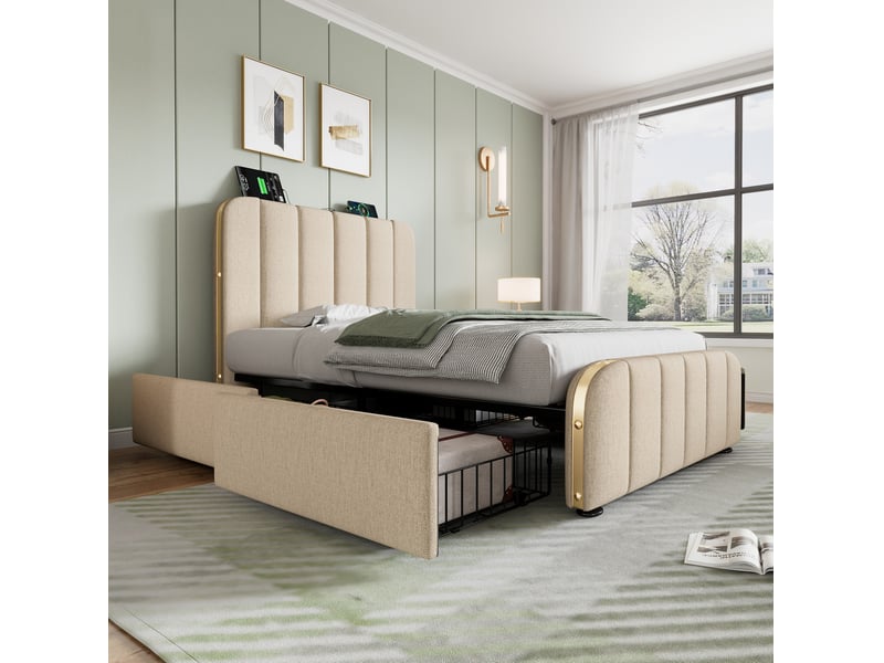  Modenvie lit capitonné 1 place 90x200 cm - avec 4 tiroirs, ports usb et usb-c, matelas inclus - beige  - Conforama E