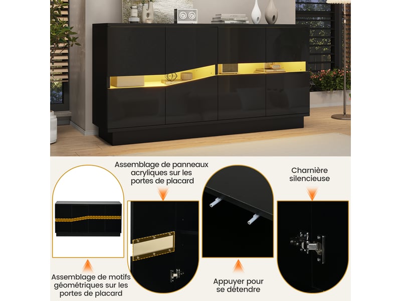  Buffet 140x35x70cm avec éclairage led, 4 portes push-to-open et façades brillantes, meuble de rangement pour cuisine et salon, noir evarich - Conforama D