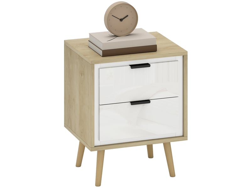  Table de chevet 2 tiroirs avec pieds en bois massif blanc brillant 40 x 35 x 50 cm  - Conforama A