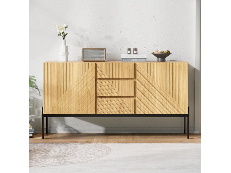  Meuble tv avec 2 portes, 3 tiroirs et pieds en métal, naturel, 140 x 40 x 75 cm  - Conforama D