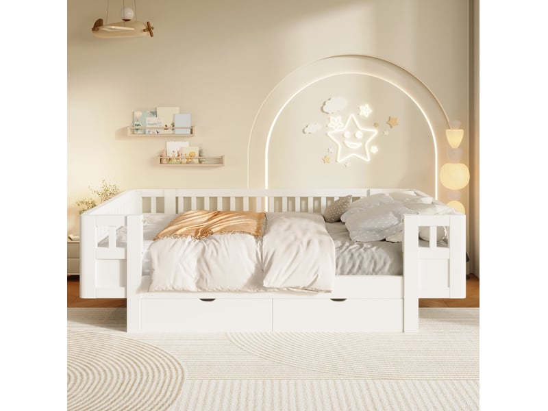  Lit plateforme 140x200 cm, barrières hautes, 2 tiroirs, charge 120 kg, mdf et bois, blanc, sans matelas  - Conforama D