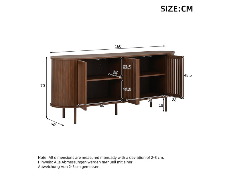  Buffet ulevr 160x40x70 cm avec rangement, 4 portes coulissantes perforées, étagères réglables, mdf noyer, pieds métal noirs  - Conforama C