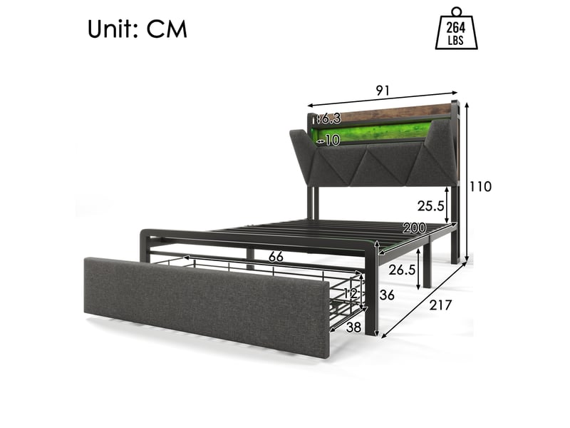 Lit coffre 90x200 avec tête de lit rangement, led télécommande, usb type-c, tiroirs roulettes et sommier métal gris lin - Conforama C