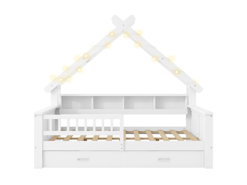  Lit plateforme enfant forme maison 140x200 cm blanc mdf pin et contreplaqué avec éclairage led rangements tiroirs et barrière de protection Sol Morn - Conforama A