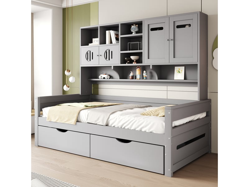  Lit coffre 90x200 cm avec rangements, 2 tiroirs, pin gris, sans matelas  - Conforama E